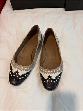 DAMAGED-Hermes Hermes Black, White & Beige Perforated Leather Ballet Flats SZ 37
